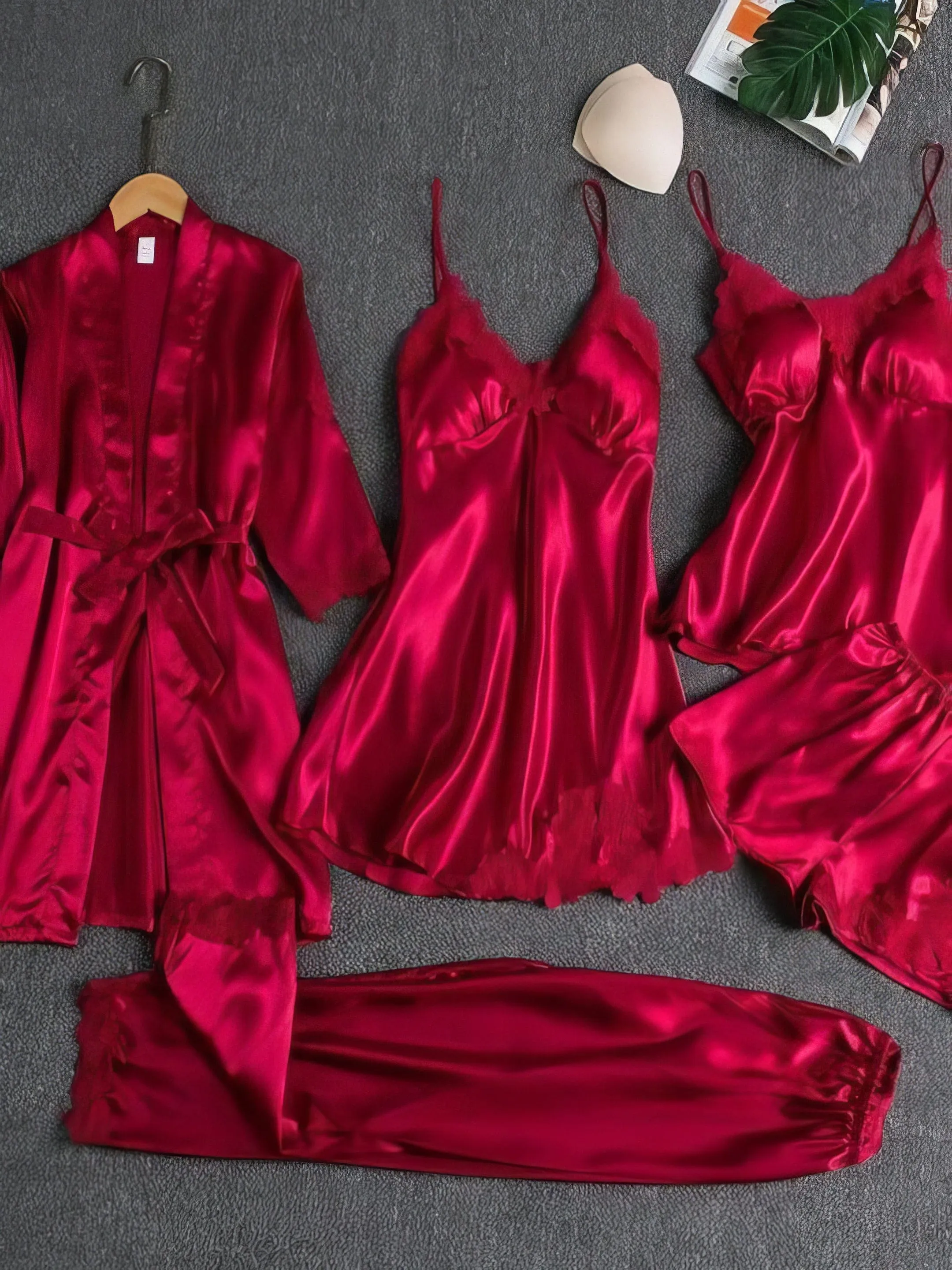 5 Piece Silk-Like Pajama Set with Lace