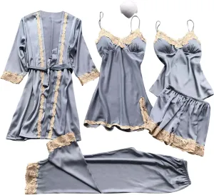 5 Piece Silk Pajama Sets for Women Satin Lace Pjs Lounge Set Sleepwear Cami Top Robes Nightgowns Shorts Pants Outfits