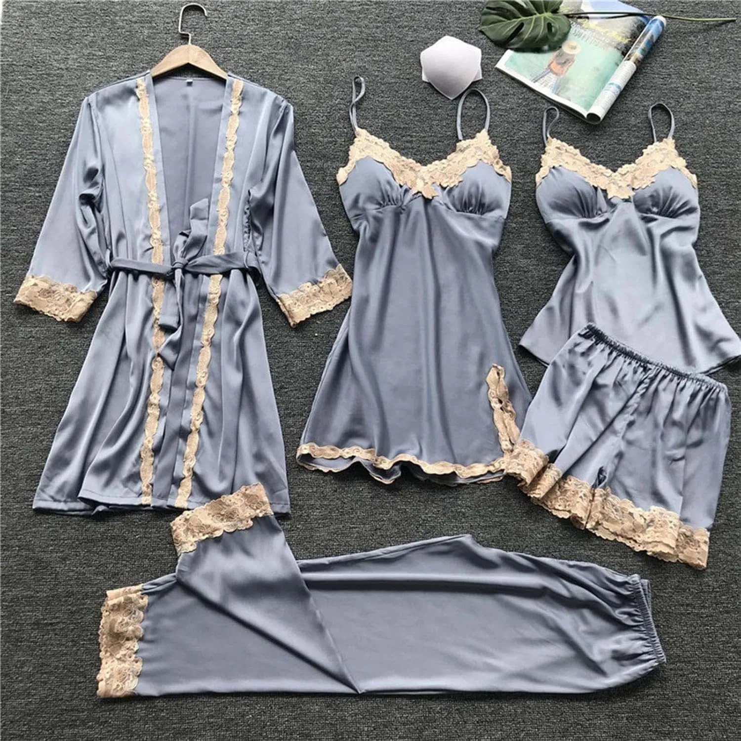 5 Piece Silk Pajama Sets for Women Satin Lace Pjs Lounge Set Sleepwear Cami Top Robes Nightgowns Shorts Pants Outfits