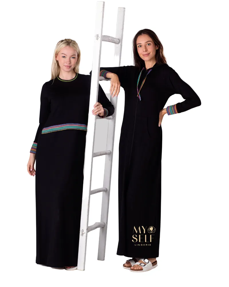 515 Multicolor Striped Black Cotton Zippered Morning Robe