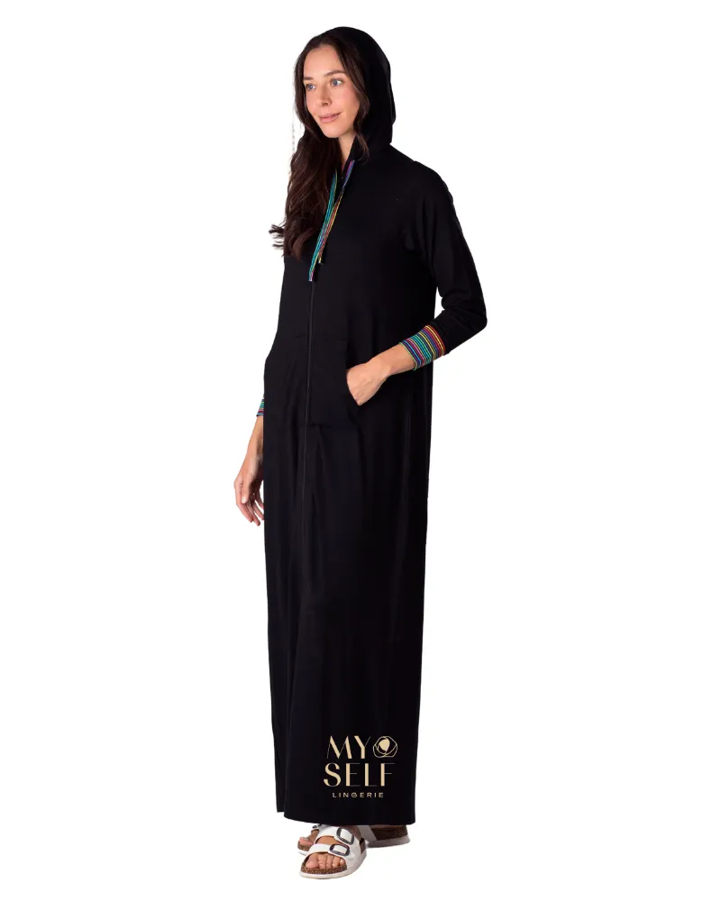 515 Multicolor Striped Black Cotton Zippered Morning Robe