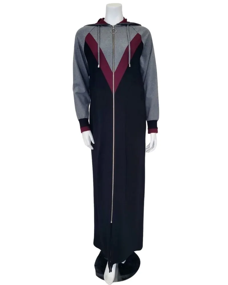 ABN904 Black, Grey & Wine Jersey Zip Front Hooded Morning Robe