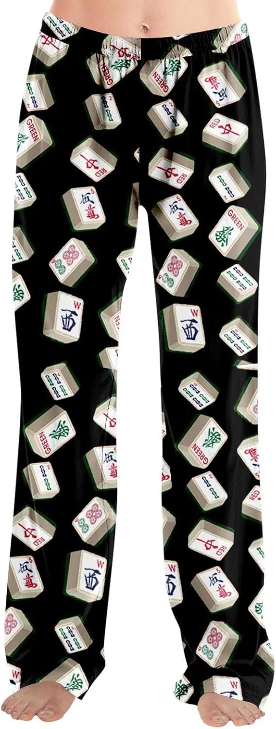 ADHOWBEW Mah Jong Pajama Pants for Women Men Funny Classic Game Relaxed Fit Cute Comfy Family Sleepwear