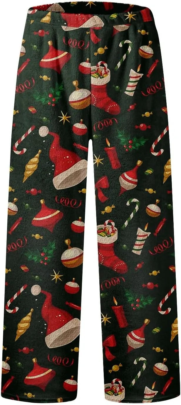 ADHOWBEW Winter Pajamas for Women 2024 Christmas Flannel Pjs Wide Leg Bottoms Casual Fuzzy Pants