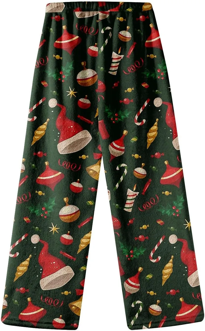ADHOWBEW Winter Pajamas for Women 2024 Christmas Flannel Pjs Wide Leg Bottoms Casual Fuzzy Pants