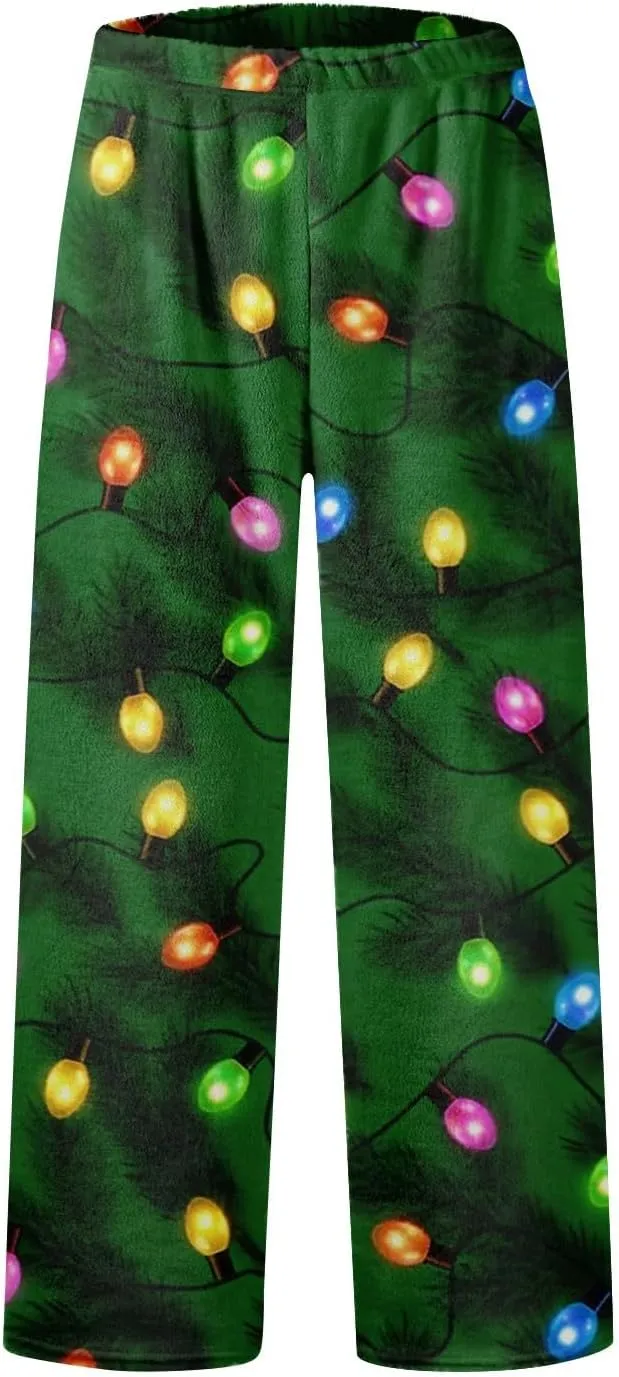 ADHOWBEW Winter Pajamas for Women 2024 Christmas Flannel Pjs Wide Leg Bottoms Casual Fuzzy Pants