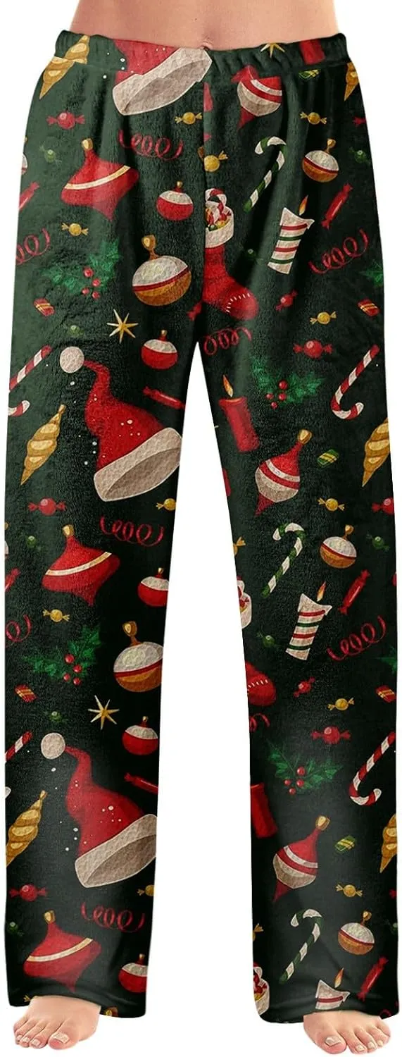 ADHOWBEW Winter Pajamas for Women 2024 Christmas Flannel Pjs Wide Leg Bottoms Casual Fuzzy Pants