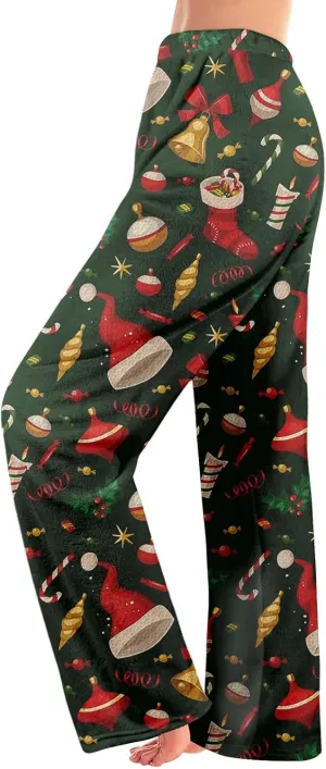 ADHOWBEW Winter Pajamas for Women 2024 Christmas Flannel Pjs Wide Leg Bottoms Casual Fuzzy Pants