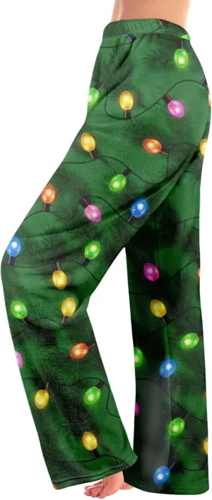 ADHOWBEW Winter Pajamas for Women 2024 Christmas Flannel Pjs Wide Leg Bottoms Casual Fuzzy Pants