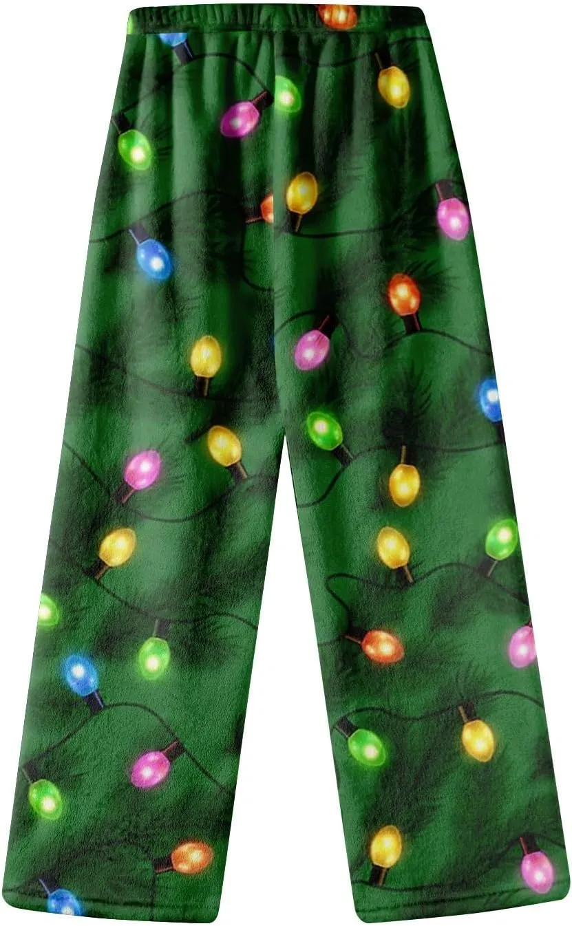 ADHOWBEW Winter Pajamas for Women 2024 Christmas Flannel Pjs Wide Leg Bottoms Casual Fuzzy Pants