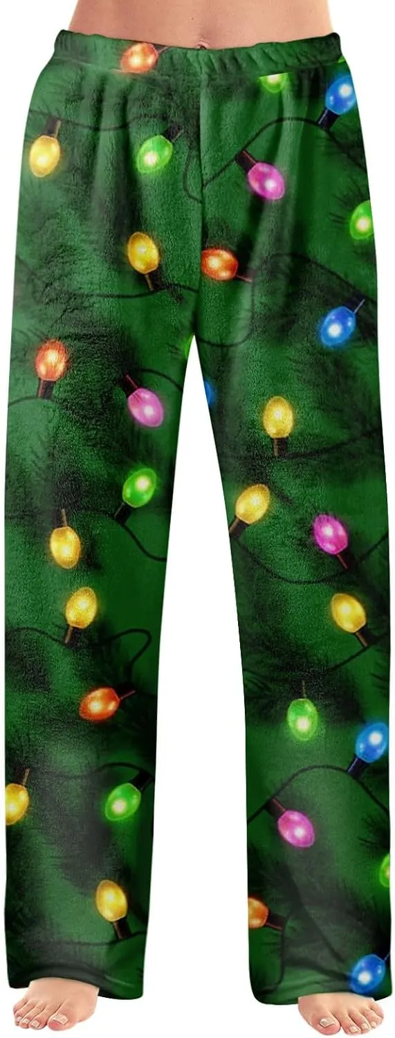 ADHOWBEW Winter Pajamas for Women 2024 Christmas Flannel Pjs Wide Leg Bottoms Casual Fuzzy Pants