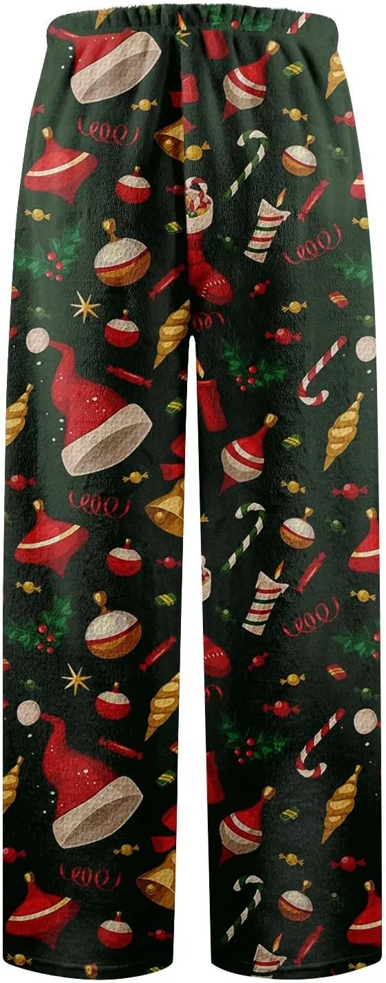 ADHOWBEW Winter Pajamas for Women 2024 Christmas Flannel Pjs Wide Leg Bottoms Casual Fuzzy Pants