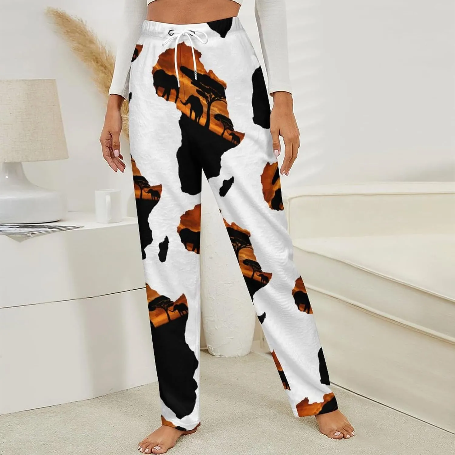 AFRICAN SAFARI MAP Women's Flannel Pajama Pants Fleece Lounge Sleep Bottoms PJ