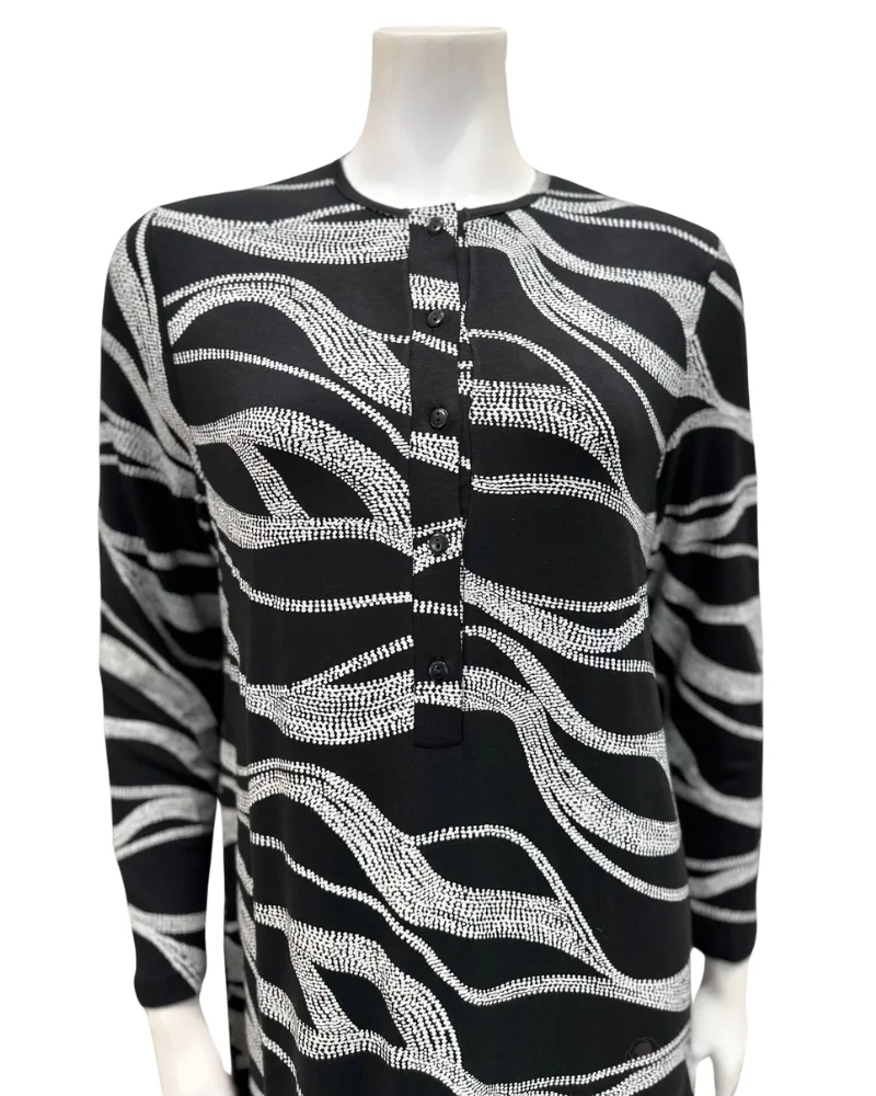 AK842 Black/White Wave Print Button Down Modal Nightgown