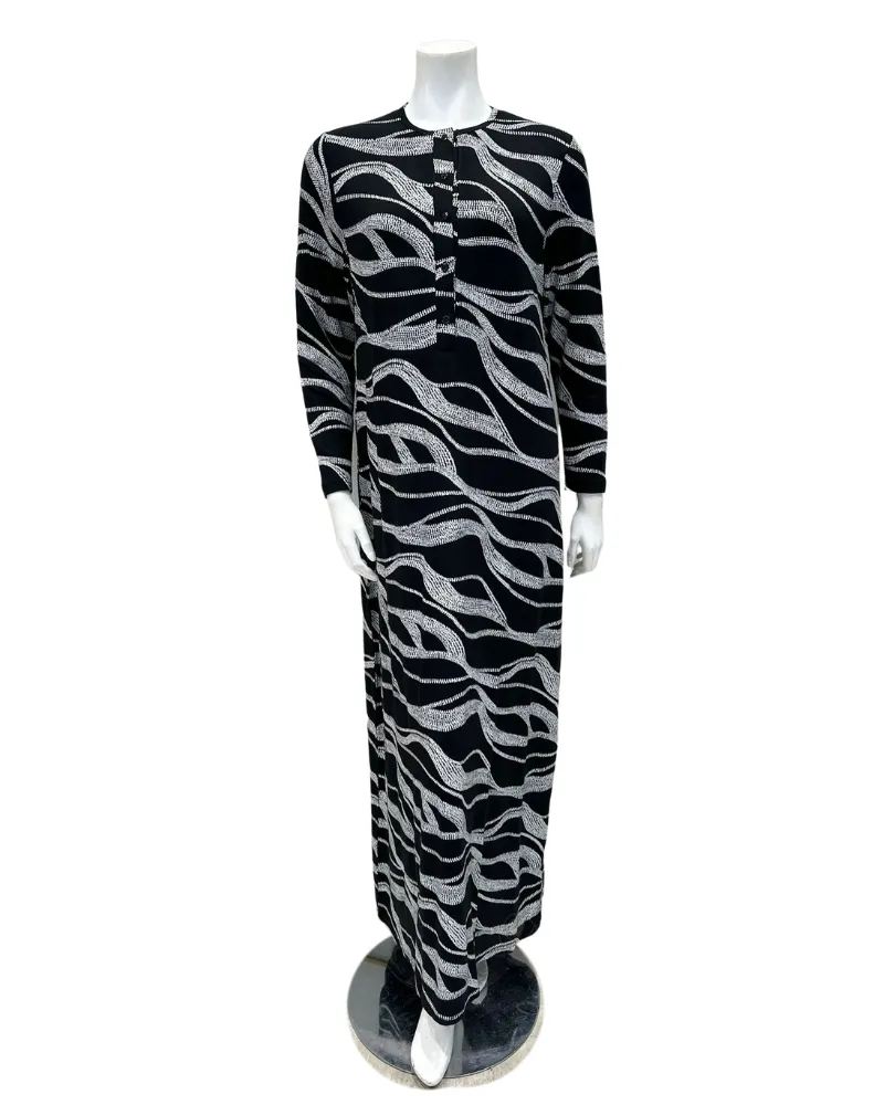 AK842 Black/White Wave Print Button Down Modal Nightgown