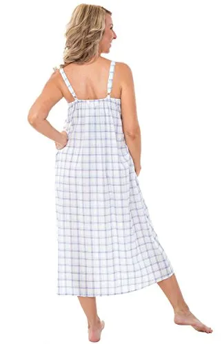 Alexander Del Rossa Womens 100% Cotton Lawn Nightgown, Long Tank Top Chemise, Medium Purple and Green Plaid (A0582L26MD)