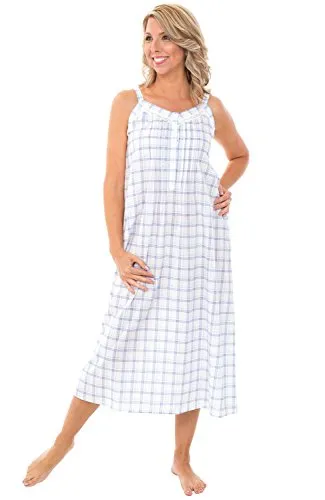 Alexander Del Rossa Womens 100% Cotton Lawn Nightgown, Long Tank Top Chemise, Medium Purple and Green Plaid (A0582L26MD)