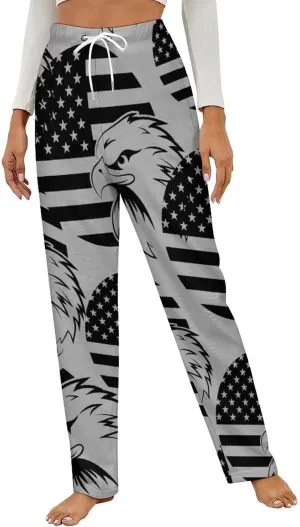 American Flag Eagle Women's Flannel Pajama Pants Fleece Lounge Sleep Bottoms PJ