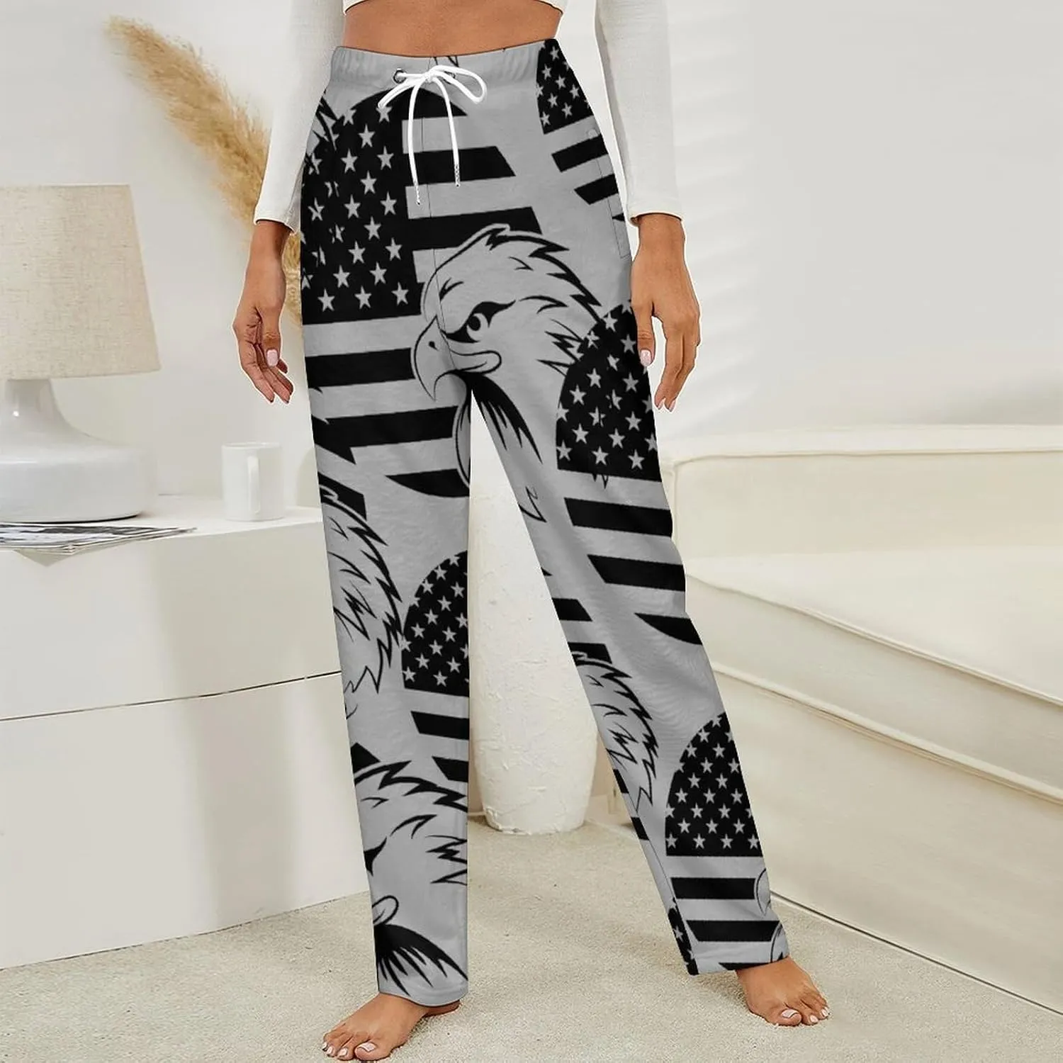 American Flag Eagle Women's Flannel Pajama Pants Fleece Lounge Sleep Bottoms PJ