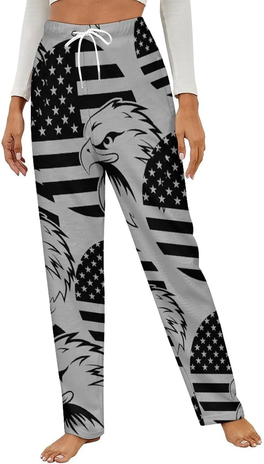 American Flag Eagle Women's Flannel Pajama Pants Fleece Lounge Sleep Bottoms PJ