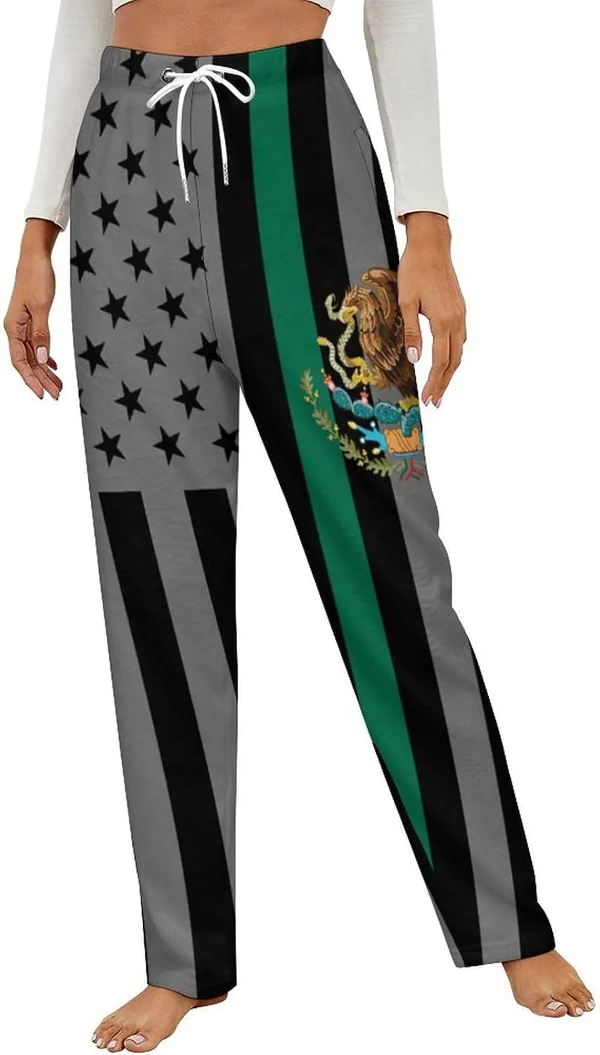 American Mexico Flag Women's Flannel Pajama Pants Fleece Lounge Sleep Bottoms PJ