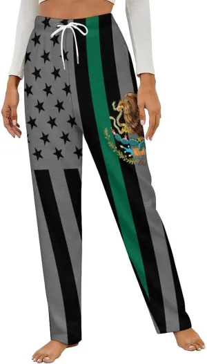 American Mexico Flag Women's Flannel Pajama Pants Fleece Lounge Sleep Bottoms PJ