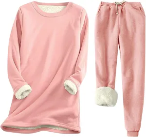 Aniywn Women Warm Pajama Sets Fleece Lined Long Sleeve Crewneck Sweatshirt Pullover and Pants Loungewear Sets Winter Clothes