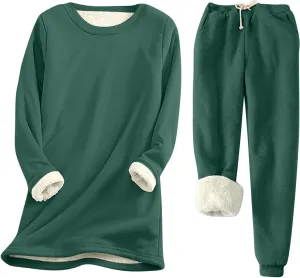 Aniywn Women Warm Pajama Sets Fleece Lined Long Sleeve Crewneck Sweatshirt Pullover and Pants Loungewear Sets Winter Clothes