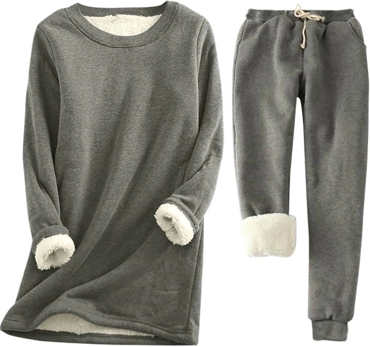 Aniywn Women Warm Pajama Sets Fleece Lined Long Sleeve Crewneck Sweatshirt Pullover and Pants Loungewear Sets Winter Clothes