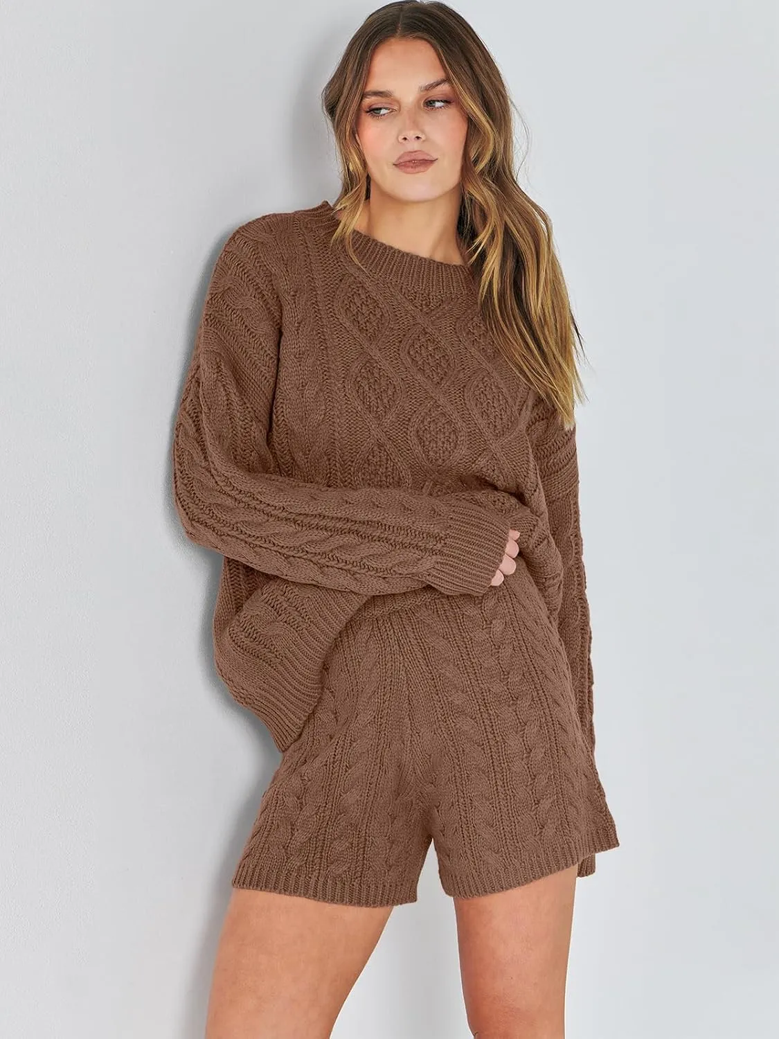ANRABESS Women 2 Piece Outfits Sweater Lounge Loungewear Sets Spring Cable Knit Oversized Sweaters Short Pants Matching Sets