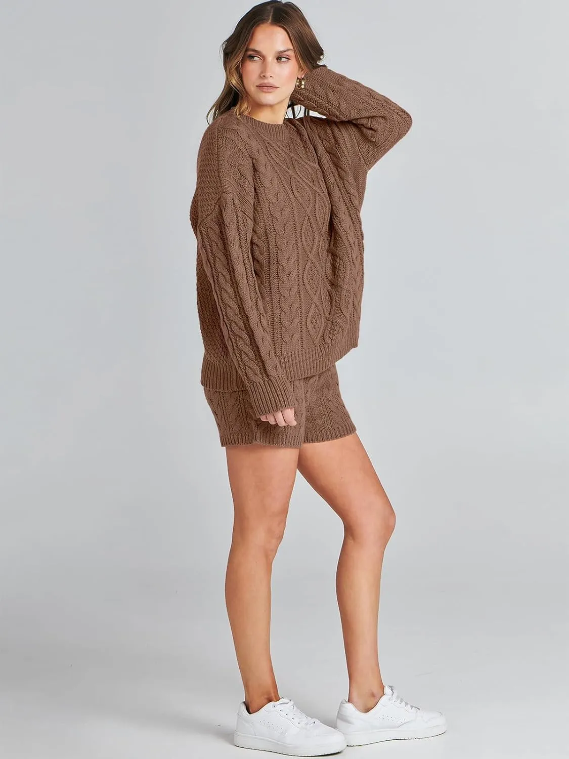 ANRABESS Women 2 Piece Outfits Sweater Lounge Loungewear Sets Spring Cable Knit Oversized Sweaters Short Pants Matching Sets