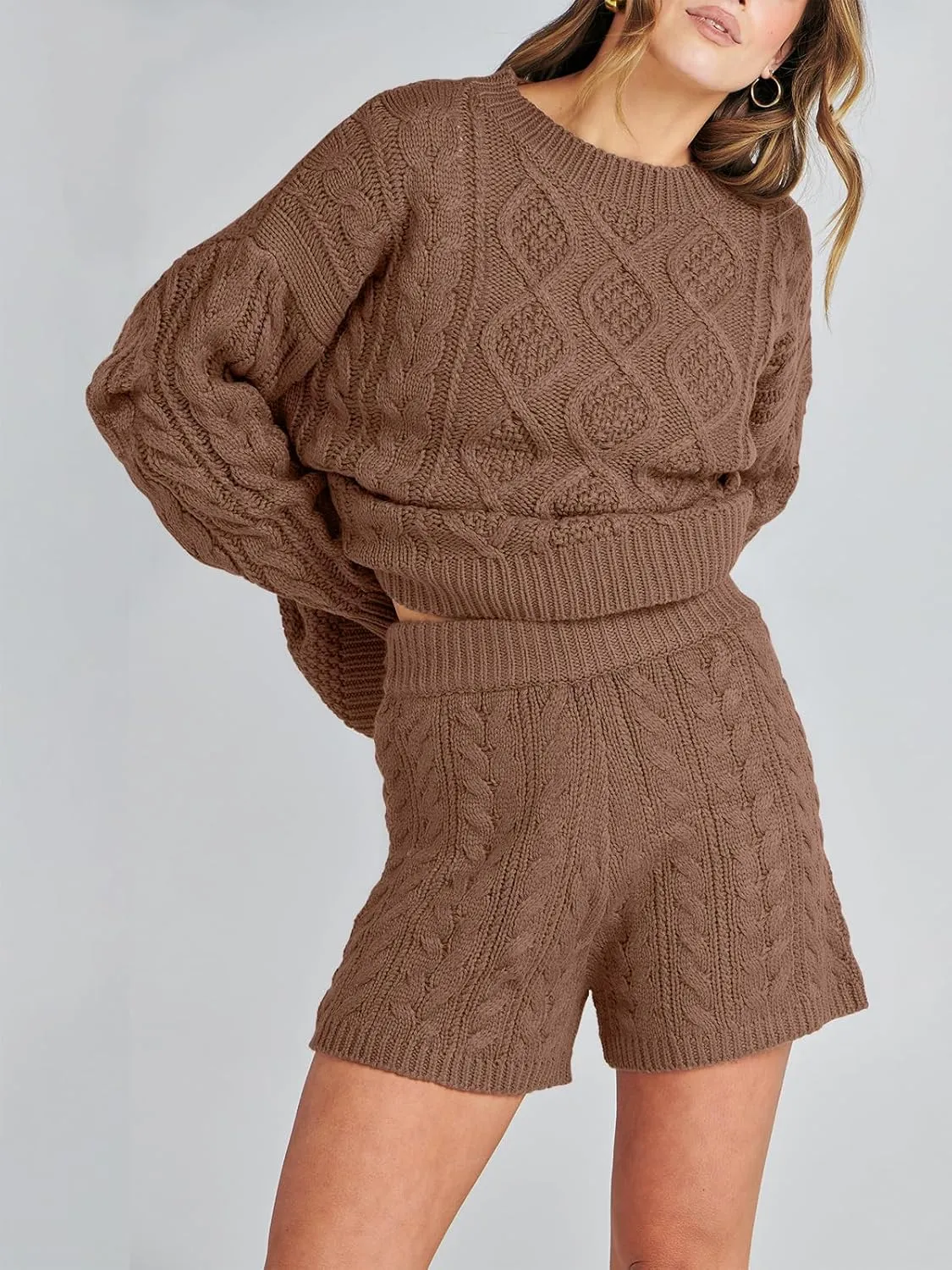 ANRABESS Women 2 Piece Outfits Sweater Lounge Loungewear Sets Spring Cable Knit Oversized Sweaters Short Pants Matching Sets