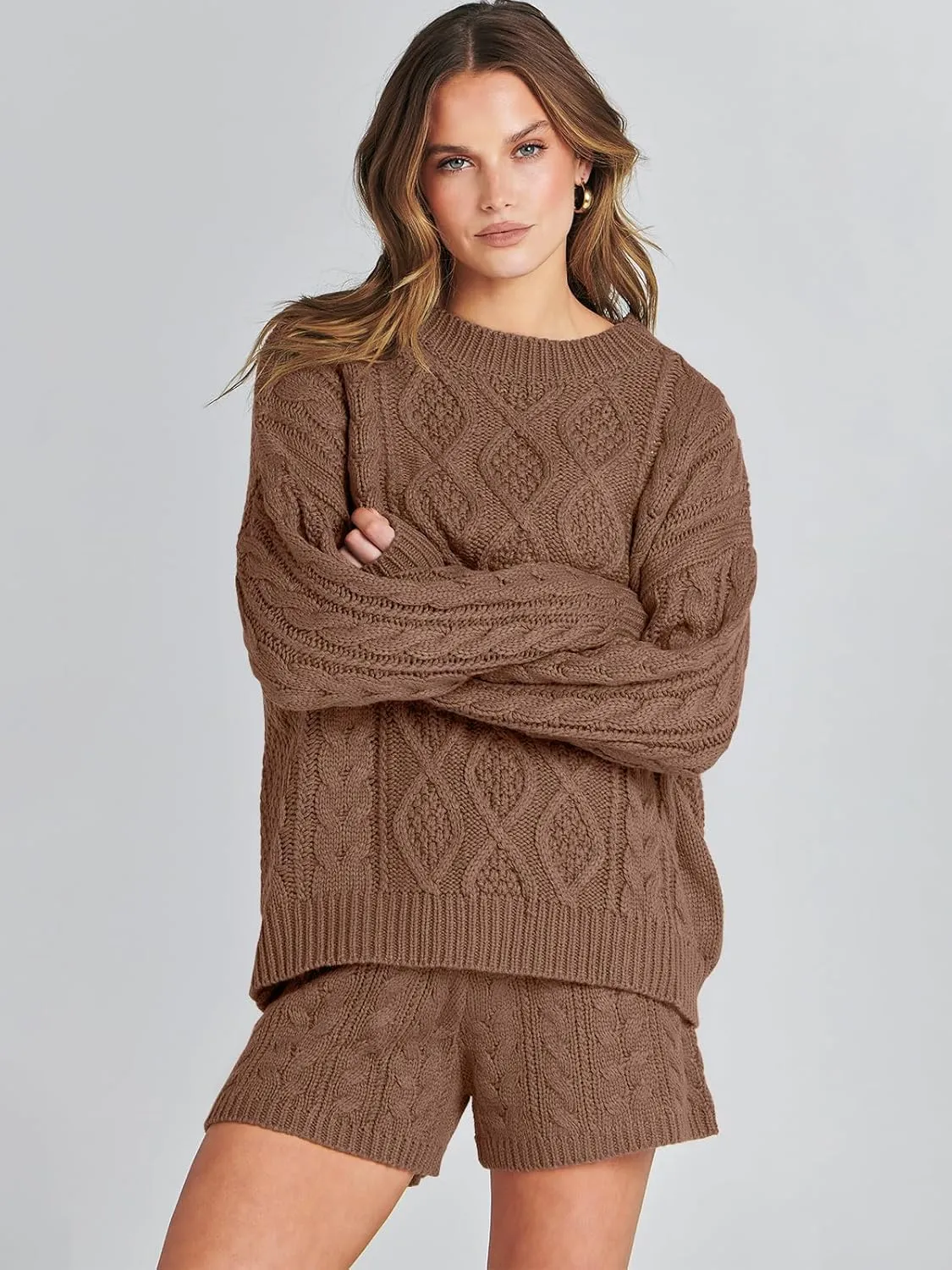 ANRABESS Women 2 Piece Outfits Sweater Lounge Loungewear Sets Spring Cable Knit Oversized Sweaters Short Pants Matching Sets