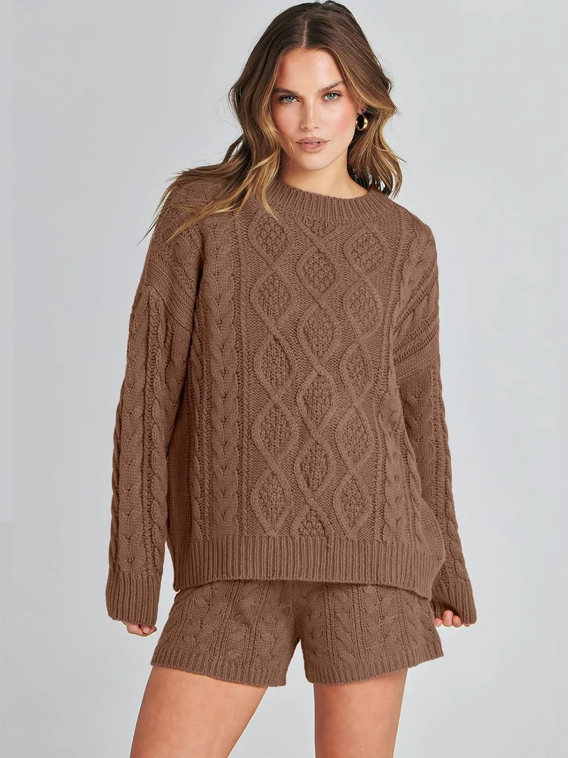 ANRABESS Women 2 Piece Outfits Sweater Lounge Loungewear Sets Spring Cable Knit Oversized Sweaters Short Pants Matching Sets