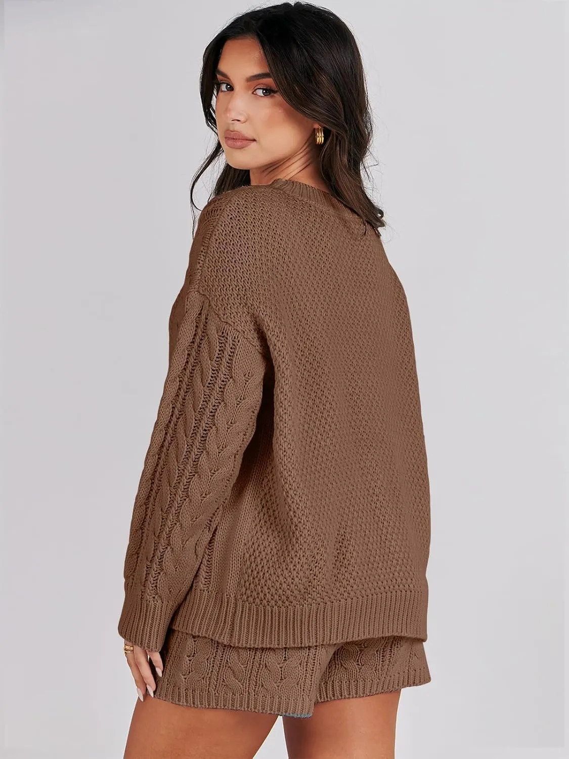 ANRABESS Women 2 Piece Outfits Sweater Lounge Loungewear Sets Spring Cable Knit Oversized Sweaters Short Pants Matching Sets