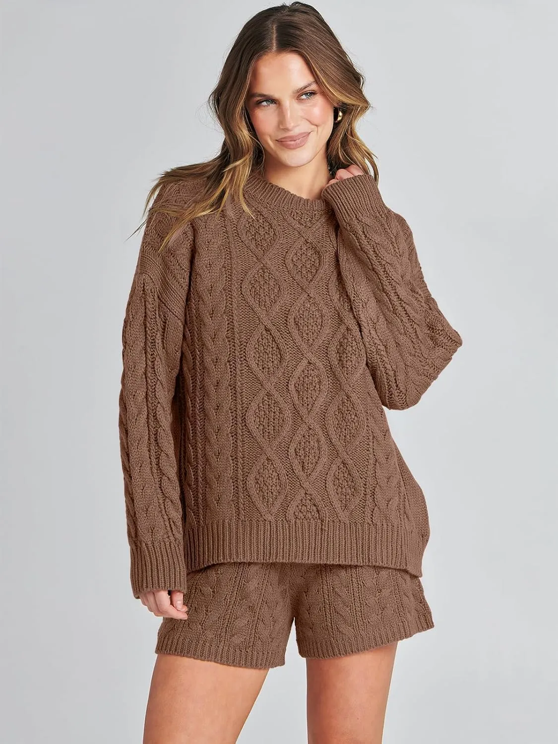 ANRABESS Women 2 Piece Outfits Sweater Lounge Loungewear Sets Spring Cable Knit Oversized Sweaters Short Pants Matching Sets