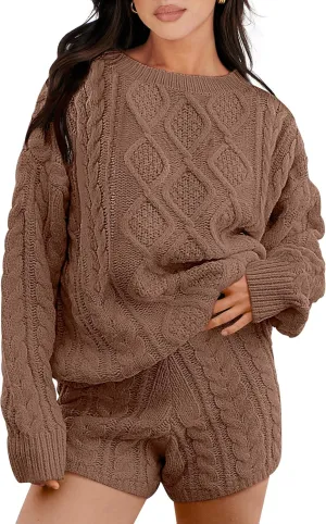 ANRABESS Women 2 Piece Outfits Sweater Lounge Loungewear Sets Spring Cable Knit Oversized Sweaters Short Pants Matching Sets