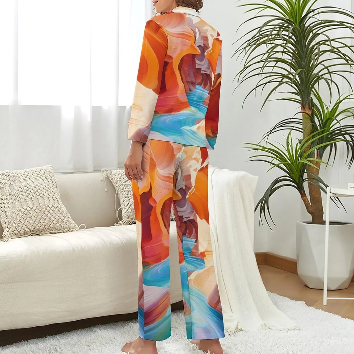 Antelope Canyon Womens Pajamas Satin PJ Set Button Down Loungewear Set 2 Piece Lounge Sets