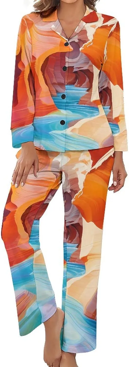 Antelope Canyon Womens Pajamas Satin PJ Set Button Down Loungewear Set 2 Piece Lounge Sets