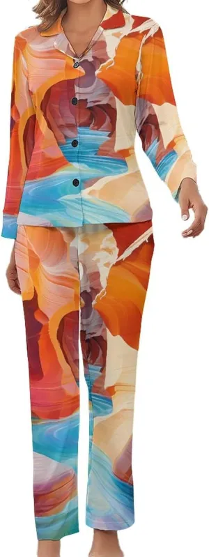 Antelope Canyon Womens Pajamas Satin PJ Set Button Down Loungewear Set 2 Piece Lounge Sets