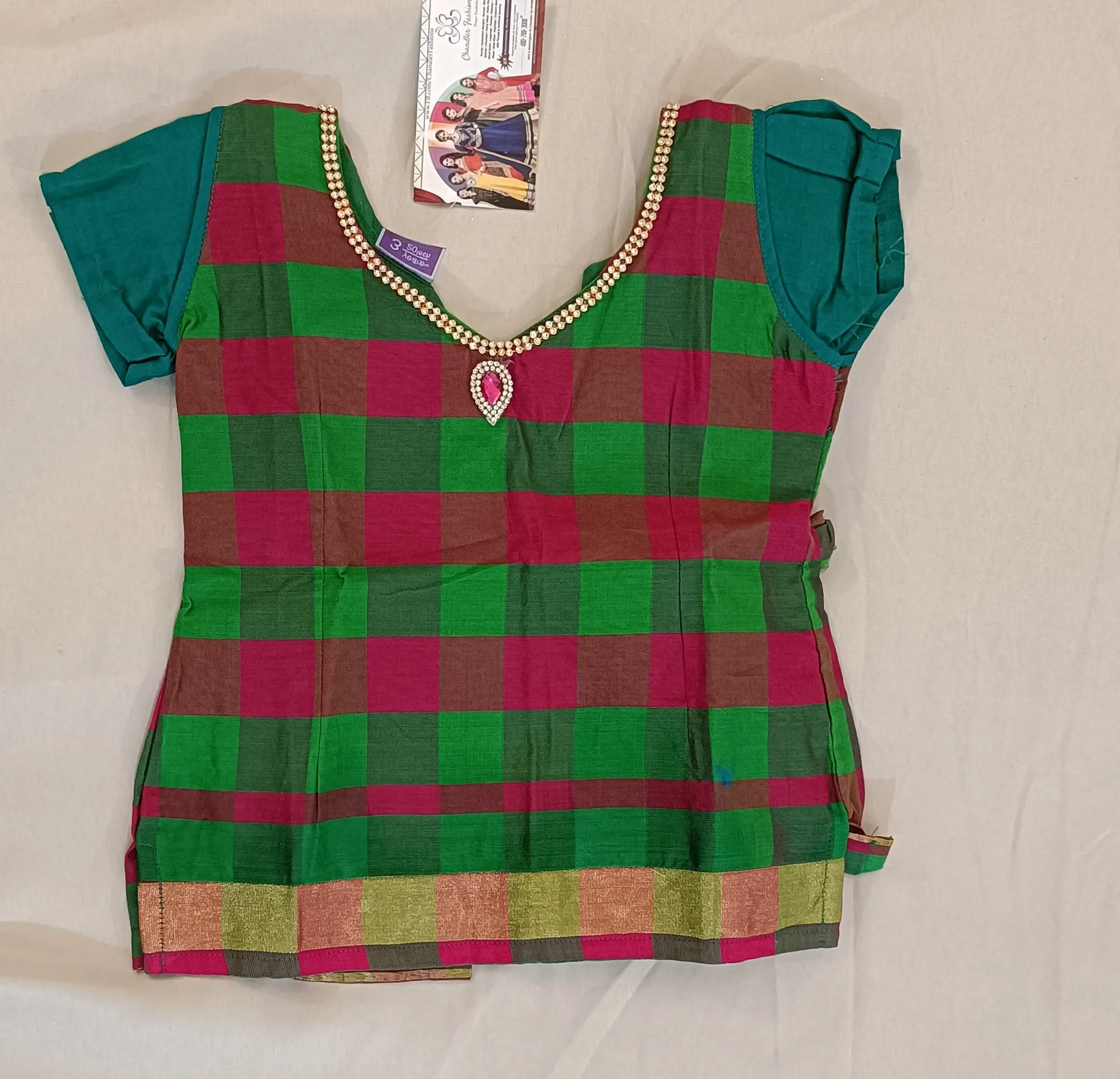 Appealing Green Color Checks Silk Langa Set For Kids