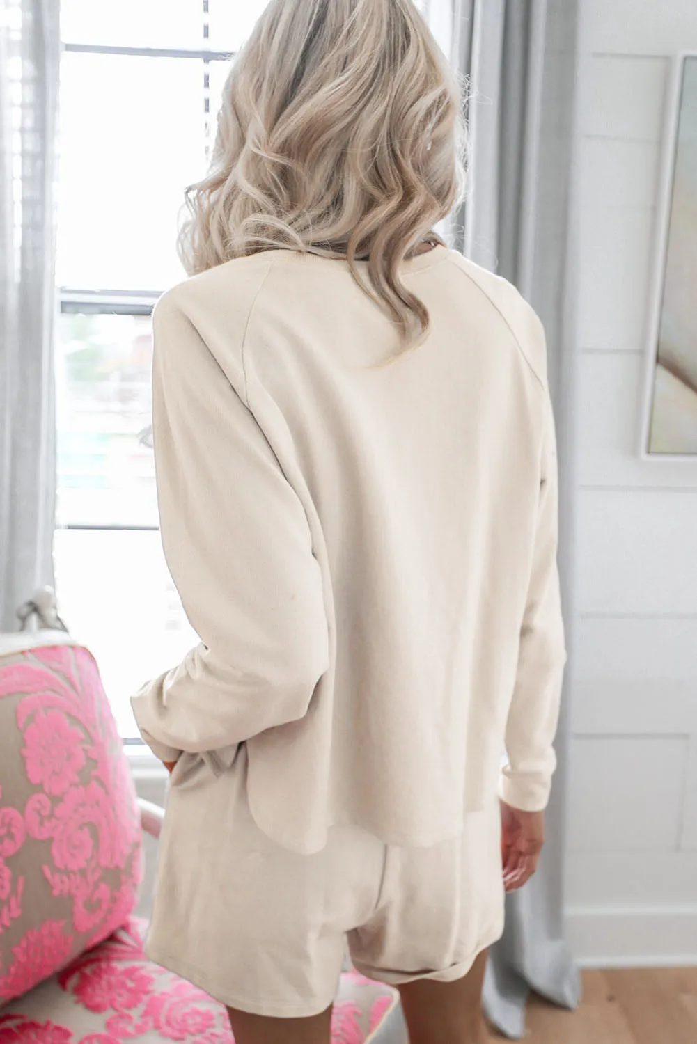 Apricot Letter Printed Cozy Lounge Set with Long Sleeve Top and Shorts