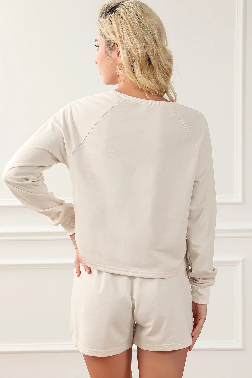 Apricot Letter Printed Cozy Lounge Set with Long Sleeve Top and Shorts