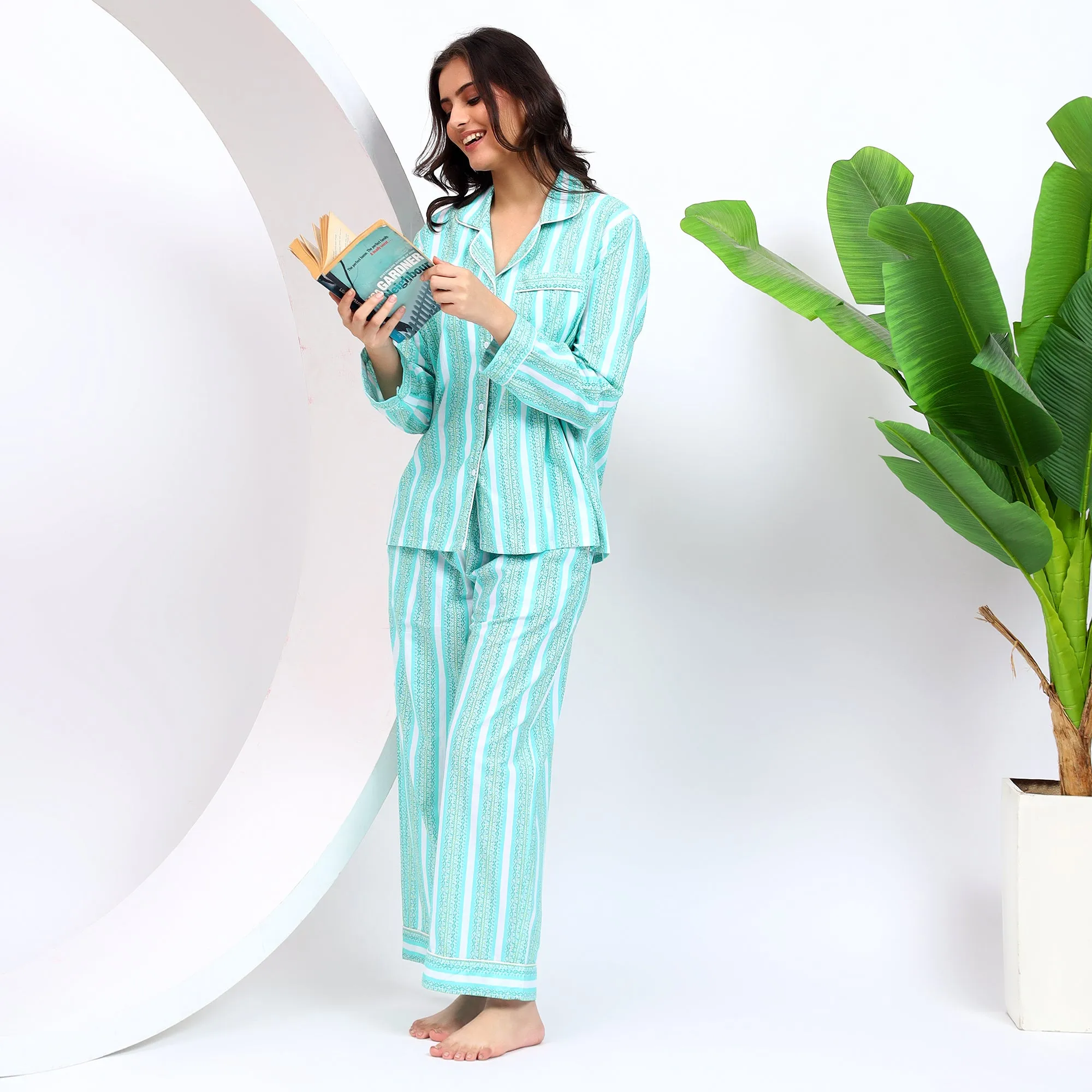 Aqua Long PJ Set in Striped Pattern