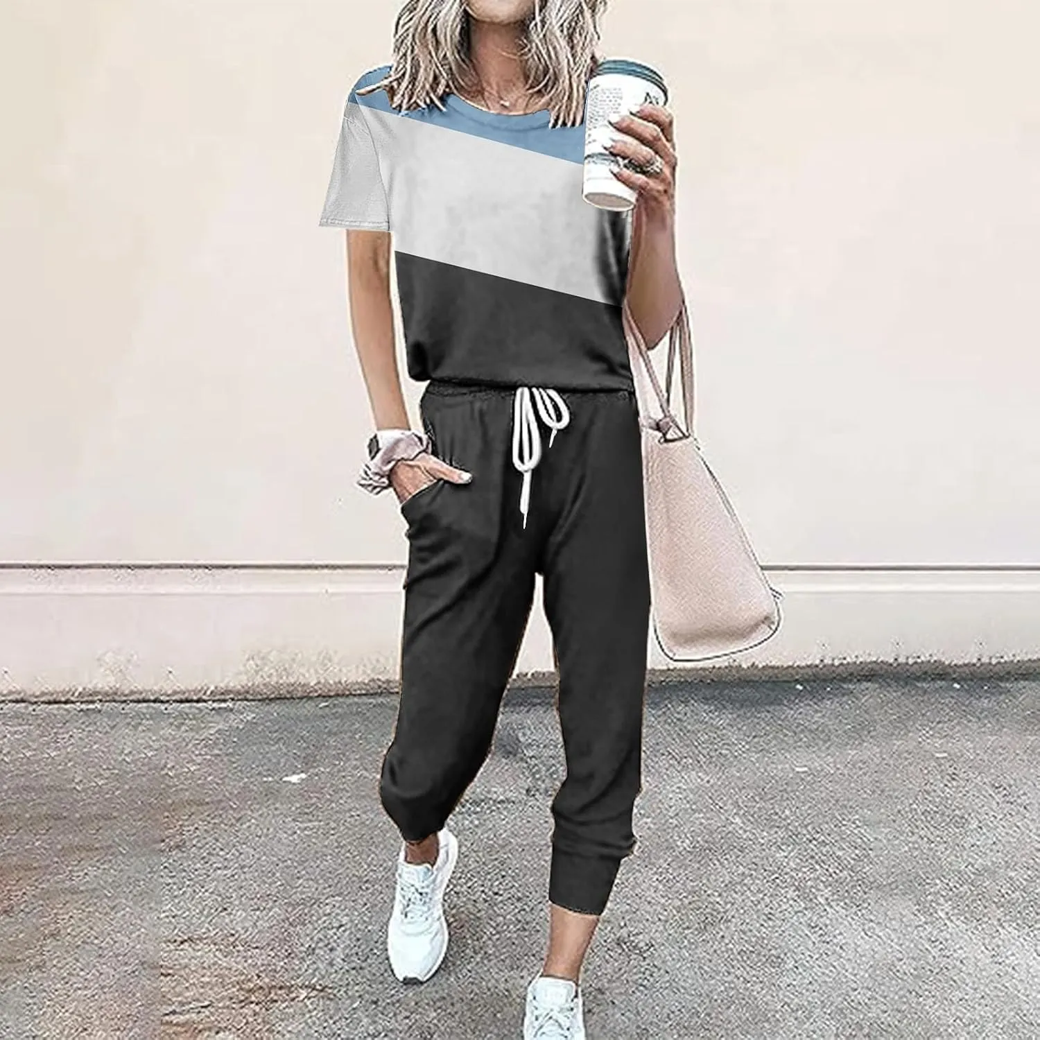 Athletic Sets for Women Short Sleeve Tops Cinch Bottom Pants Clothes Set 2025 Lounge Matching Set Trendy Outfit