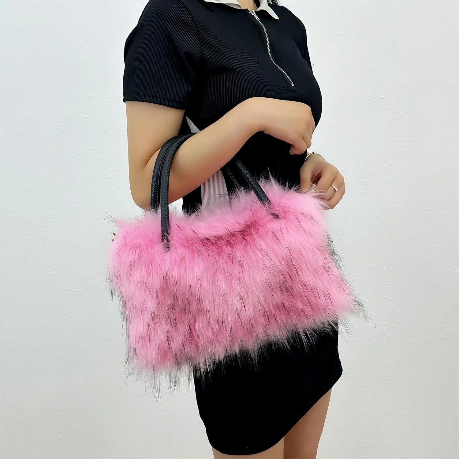Aublinto Handbag Faux Fur Environmentally Friendly Plush Bag Women's Bag Faux Fur Shoulder Bag Fuzzy Purse Bucket Bag Handbag Fluffy Purse for Shopping Work Outdoors