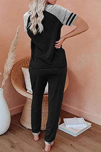 AUTOMET Lounge Sets For Women Two Piece Outfits Loungewear Short Sleeve Crewneck Jogger Pajama Set and Sweatpants Tracksuit Wine Red L