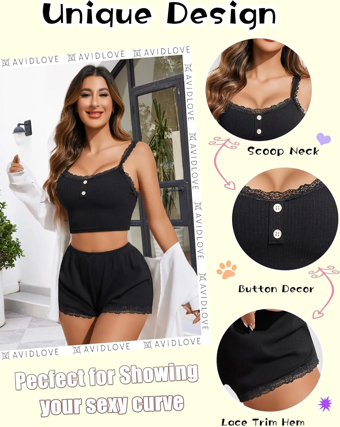 Avidlove Cami Pajamas Sets for Women Lace Trim Lingerie Sleepwear Set Ribbed Cami Shorts Pjs Button Loungewear Sets