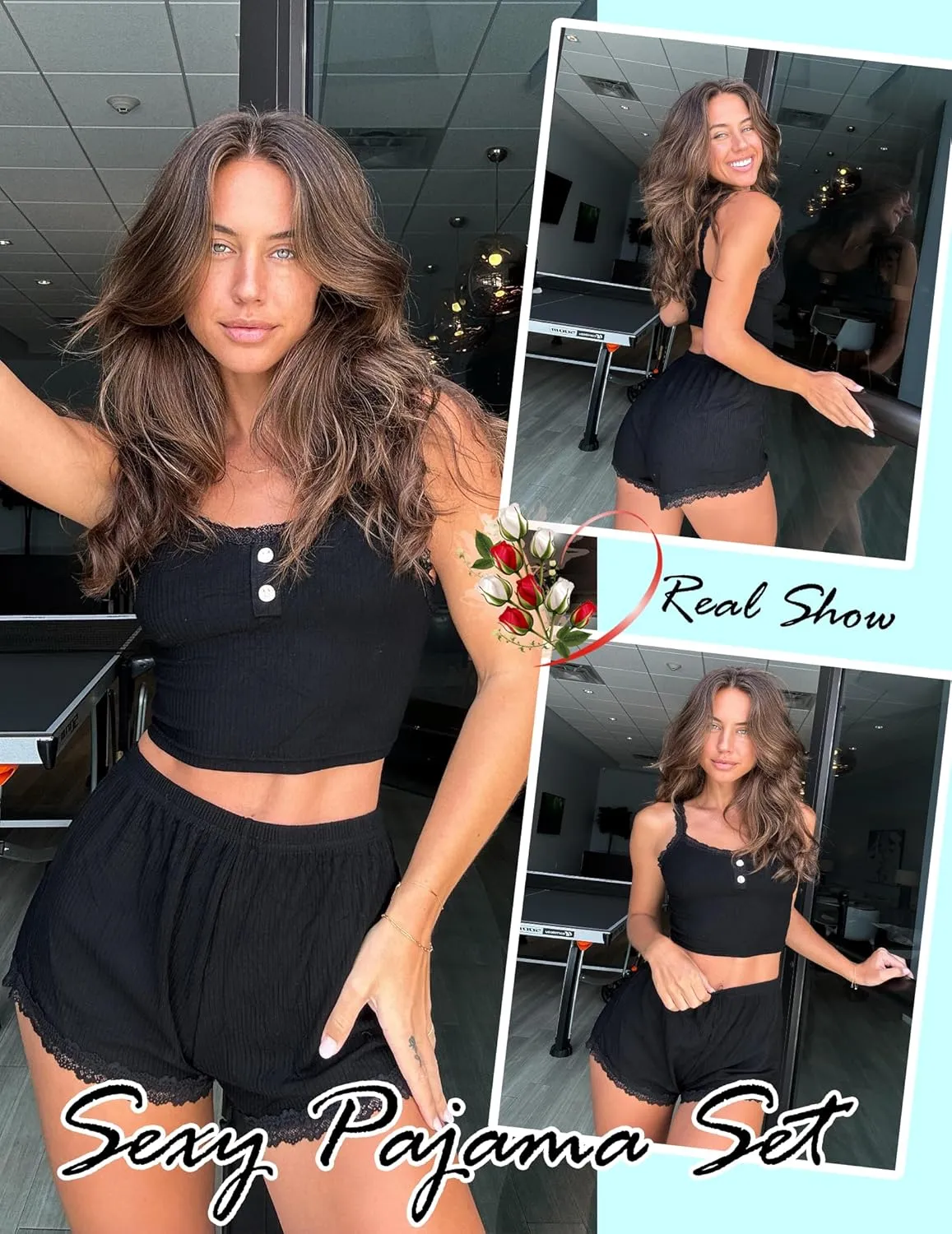 Avidlove Cami Pajamas Sets for Women Lace Trim Lingerie Sleepwear Set Ribbed Cami Shorts Pjs Button Loungewear Sets