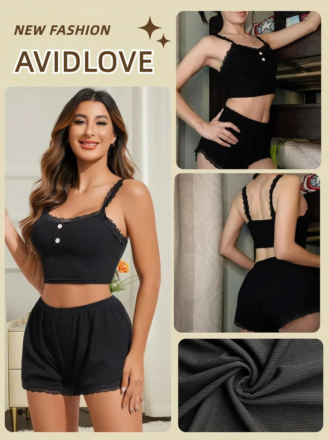 Avidlove Cami Pajamas Sets for Women Lace Trim Lingerie Sleepwear Set Ribbed Cami Shorts Pjs Button Loungewear Sets